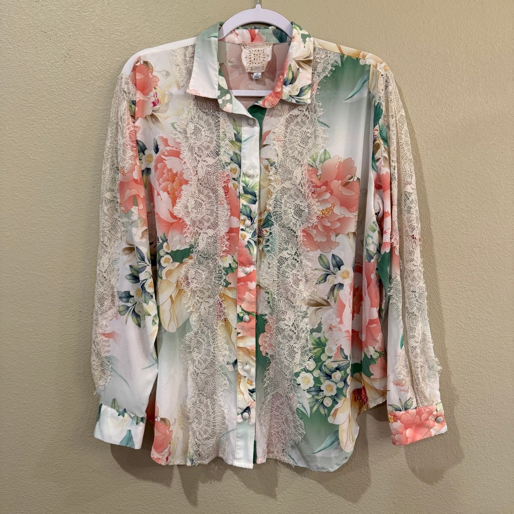 Johnny Was JADE Silk Floral Lace Trim Blouse Womens Medium Multicolor Boho Chic